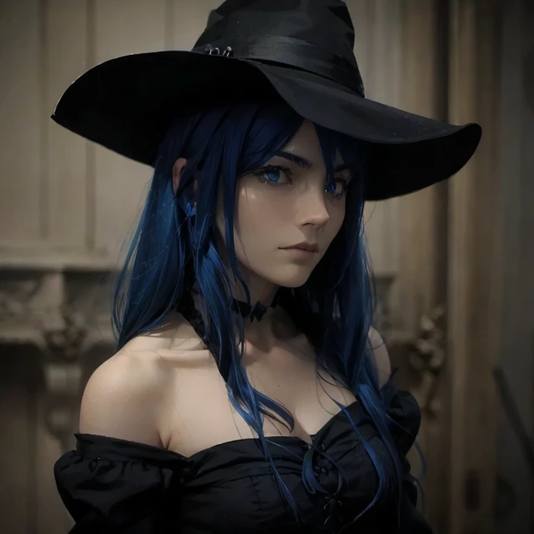 A gothic witch with blue hair 