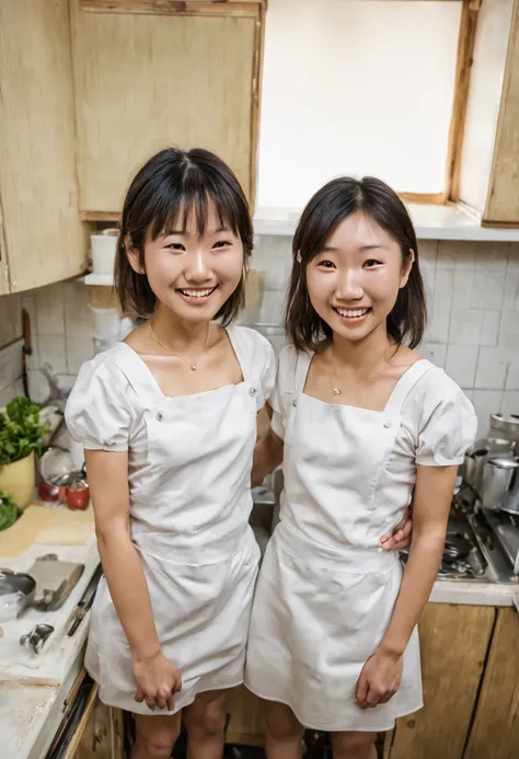 two japanese girls standing in a large kitchen, smiling, hugging, from below, from behind