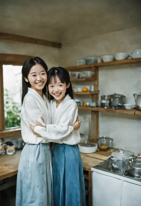 Two japanese girls standing in a large kitchen, smiling, hugging, from below, from behind