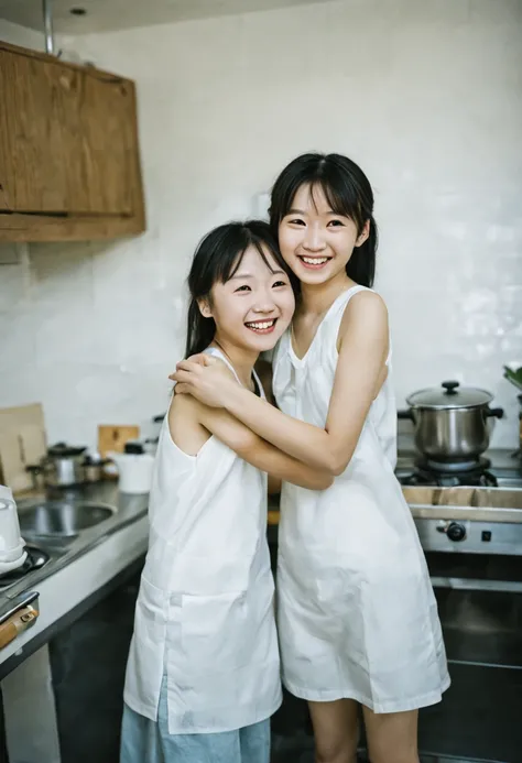 Two japanese girls standing in a large kitchen, smiling, hugging, from below, from behind