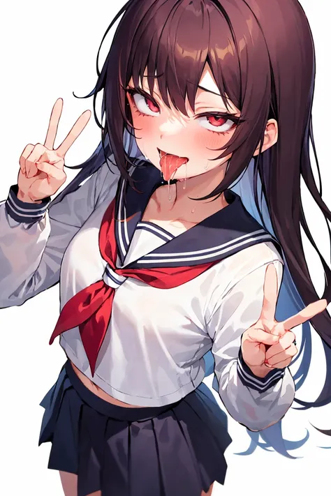 1girl, ahg, rolling eyes, tongue,
cowboy shot, serafuku, skirt, double peace sign, smile, saliva, solo, sweat, drooling, white background
