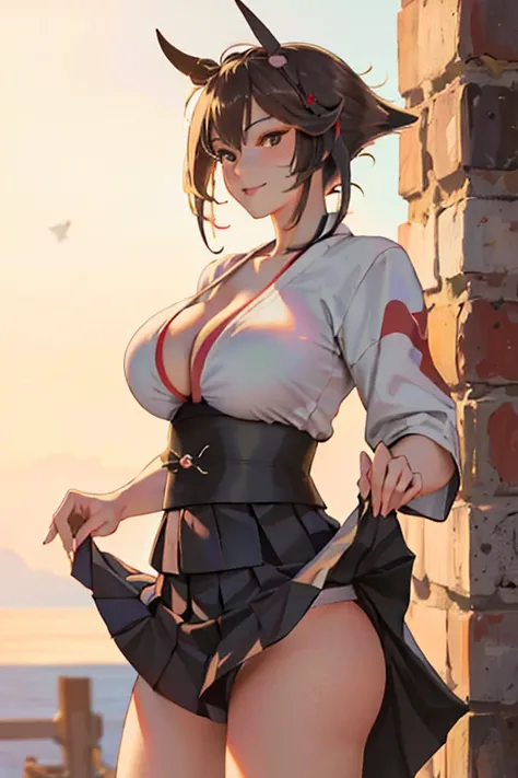 (masterpiece:1.2, highest quality), (real image, intricate details), (fleet　Mutsu:1.4)、(skirt lift:1.4), I dont wear panties.,exposure、 skirt grab, alone, 1 female, (blush all over the face), Happy, cowboy shot, School, School uniform, , big breasts,