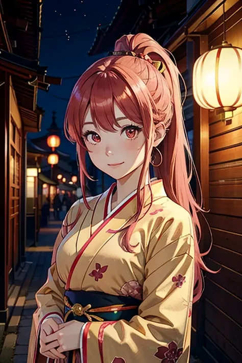 Asian anime girl, reddish pink hair, long hair, ponytail, pink hairpin ribbon, red decorated kimono, gold eyes, vertical pupil, smiling, looking at the viewer, japanese festival setting, nightime, chinese, chinese lamps.