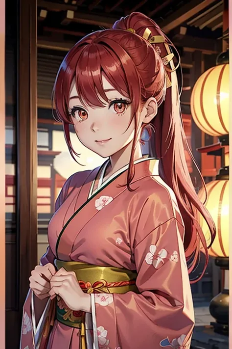 Asian anime girl, reddish pink hair, long hair, ponytail, pink hairpin ribbon, red decorated kimono, gold eyes, vertical pupil, smiling, looking at the viewer, japanese festival setting, nightime, chinese, chinese lamps.