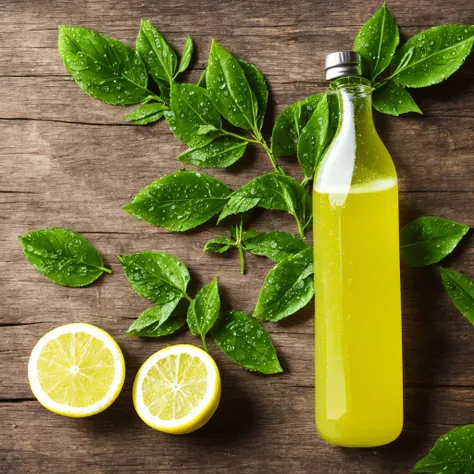 lemon juice bottle with green leaves and water drops, sparkling water