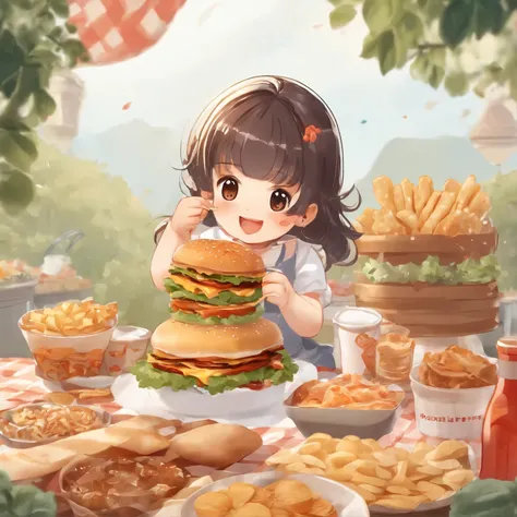 In the center of the face  an animated girl wearing a cute hair ornament,With an innocent smile on his face。She sat in the middle of a pile of snacks,The surroundings are covered with a variety of delicious snacks and desserts,Such as potato chips、Cupcakei...