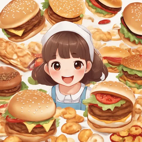 In the center of the face  an animated girl wearing a cute hair ornament,With an innocent smile on his face。She sat in the middle of a pile of snacks,The surroundings are covered with a variety of delicious snacks and desserts,Such as potato chips、Cupcakei...