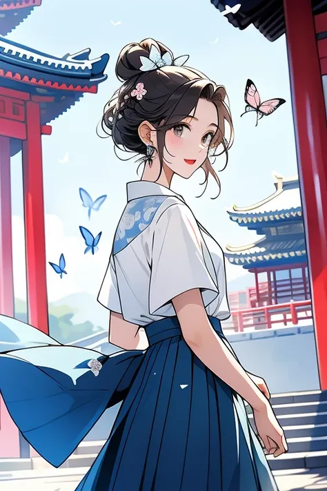 She  wearing a pure white shirt，Paired with azure blue pleated skirt，There  a peach blossom on the temple，girl with braidrom time to time there are butterflies flying by