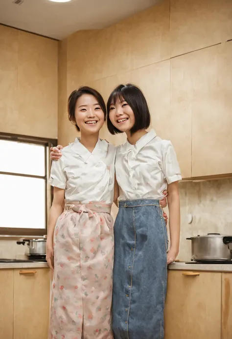 Two japanese girls standing in a large kitchen, smiling, hugging from back, from below, from behind