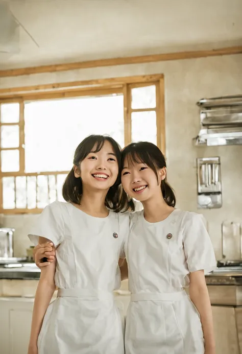 two japanese girls standing in a large kitchen, smiling, hugging from back, from below, from behind