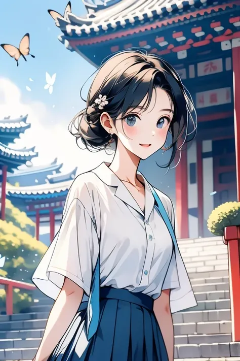 One  wearing a pure white shirt，Paired with azure blue pleated skirt，There  a peach blossom on the temple，girl with braidrom time to time there are butterflies flying by