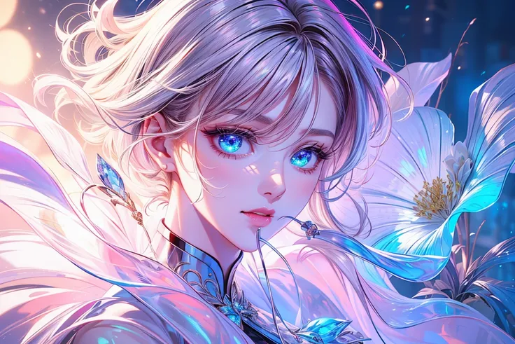 (shoujo-style), (romance manhwa), (((A girl))，delicated face，The face of Eros，Good looking Chinese woman，Cover your mouth and laugh，Abstinence，Large breasts，Close-up，Close-up of the head，Golden paradise，Irridescent color，The Arthur effect, Gradient translu...