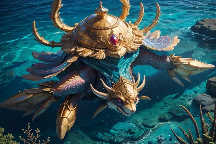 "Hyperrealistic close-up of a giant crab made of crystal clear flowing water, shell encrusted with sparkling diamonds in an elaborate pattern. Its eyes are deeply pigmented nebulae and paws lined with filigrees of pearls and gold., terminando em garras afi...