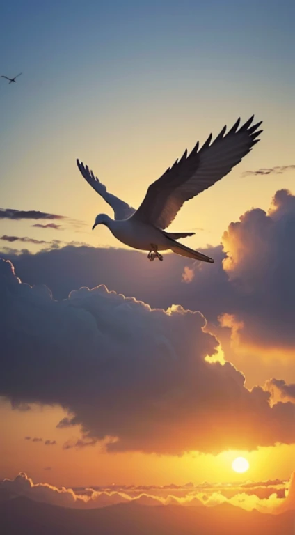 (Quality tags: masterpiece, best quality, official art:1.2), a majestic portrayal of a dove gracefully soaring in the Palestinian skies, (soft hues of the setting sun:1.3), a scene resonating with tranquility, (gentle strokes of the wings:1.1), a symbol of...