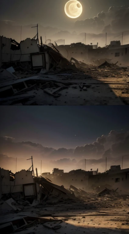 (Quality tags: masterpiece, ultra high res, illustration:1.3), an illustrative depiction of the wounds of war following a bomb explosion in Palestine, (moonlight revealing the devastation:1.2), detailed portrayal of the impact on the surroundings, (overcas...