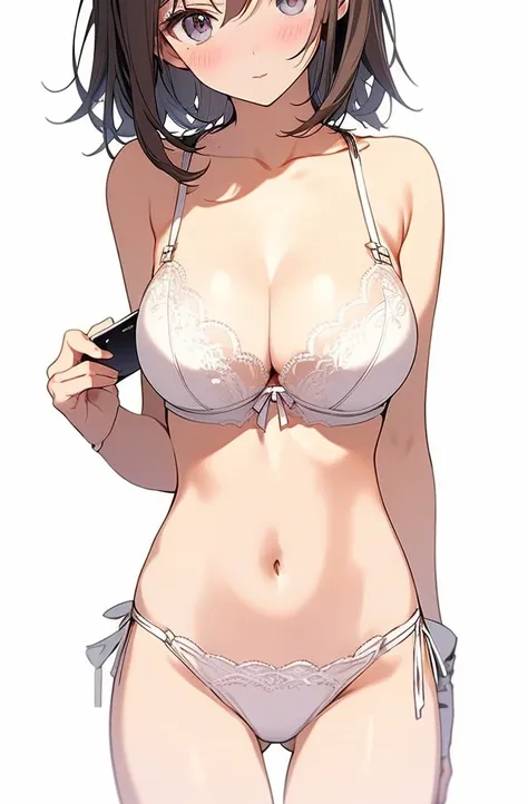 Anime girl in lingerie takes selfie with mobile phone,, wearing bra, mobile phone in front of covering face, one hand on own chest, lifted by self, white background, head out of frame, (((white background))), fashionable and trendy atmosphere,