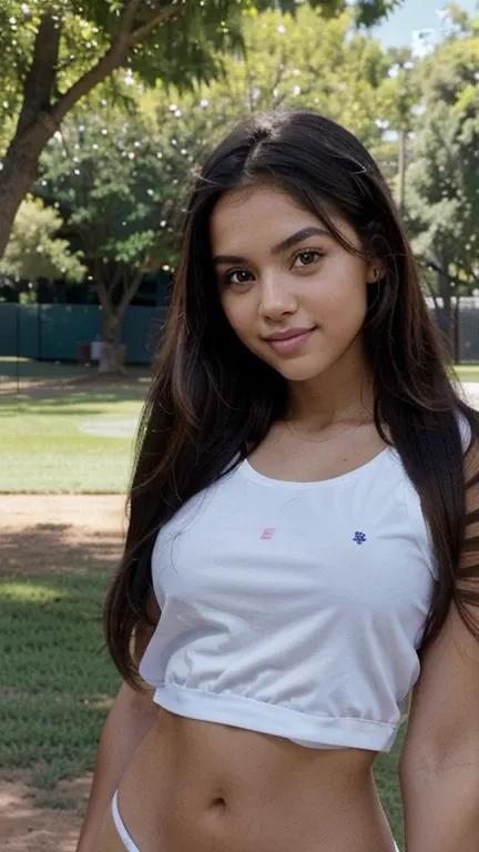 Little girl 20 year old, usa woman, nude all, complexion robusta, piel morena oscuro, hair straightened, luz natural, cielo azul, sonrisa timida, poses in a park with trees and a beautiful baseball field, poses sugestivas, falda y blusa sexis escolar