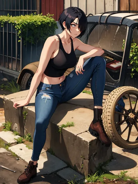 masterpiece++, best quality++, ultra-detailed+, 1girl,Woman sitting on a tire in a devastated world,eyepatch,shorthair,blackhair,tank top,Jeans,expressionless,looking away,looking at another,full body,((midnight)),rain,post apocalypse,slum,