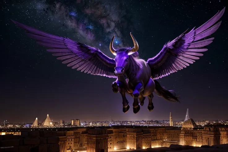 "Hyper-realistic 8k ultra high definition digital artwork of a majestic illustration of the zodiac sign Taurus as a powerful winged minotaur hovering over the Great Pyramids of Egypt in the light of a full moon. Its spiraling horns are studded with sparkli...