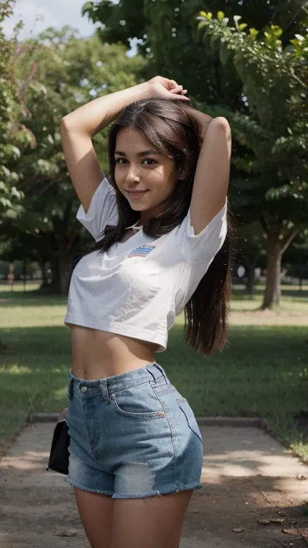 Little girl 20 year old, usa woman, complexion robusta, piel morena oscuro, hair straightened, luz natural, cielo azul, sonrisa timida, poses in a park with trees and beautiful green field, uniform school, falda escolar, bonitas piernas 