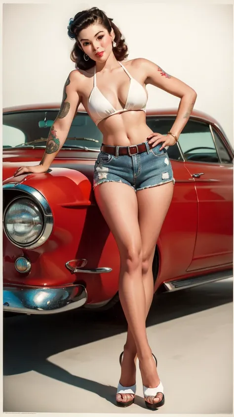 Detailed and realistic representations of a beautiful woman, old school tattoos, radiating a distinct pin-up style. Extremely sexy. realist. Dressed in a white bikini top and small denim shorts, red high-heeled sandals, her looks reflect the style of vinta...