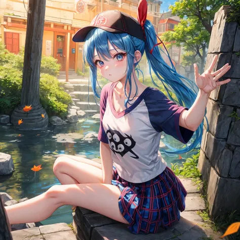 blue hair、Red-blonde、blue eyeraid、ponytail、one good looking girl、solo、anime、Plaid miniskirt、black t-shirt、camisole、forest、sitting、Wearing a plaid baseball cap、Tilting your face、Doing the ribbon、sunset sky、stone bridge、stone stairs、petal、A small bird  flyin...