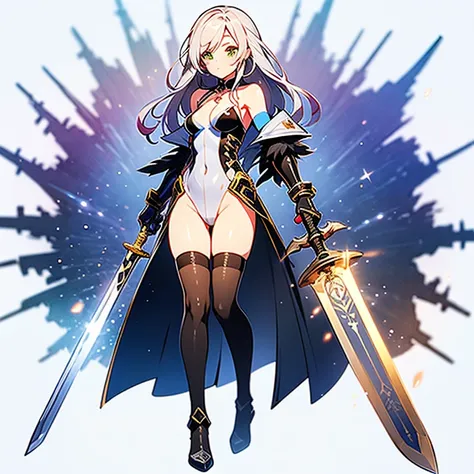 female, variety of hair styles lineup, variety of hair colors, (cropped shoulders),  sword, holding sword, gloves, white background, full body, leotard, solo,
orange, green, violet, white,