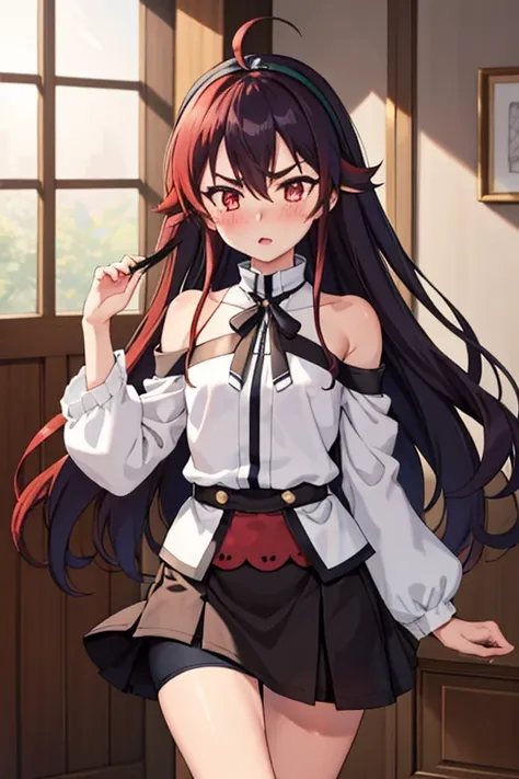 picchieris, 1 girl, redhead, long hair, bangs, hair between eyes, ahoge, very long hair, red eyes, chest, small chest, hair band...