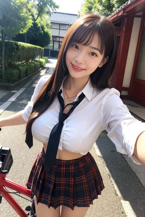 女の子1人、Blushing cheeks、Riding a red bike and shyly smiling、gazing at viewer、optic、large full breasts、White open shirt sticking to the chest、Tartan checked skirt、Girl in Japan school uniform、florals、hair pin、a necklace、piercings、Leaning forward、from below lo...