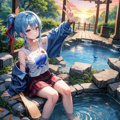 blue hair、Red-blonde、blue eyeraid、ponytail、one good looking girl、solo、anime、Plaid miniskirt、black t-shirt、camisole、forest、sitting、Wearing a plaid baseball cap、Tilting your face、Doing the ribbon、sunset sky、stone bridge、stone stairs、petal、A small bird  flyin...