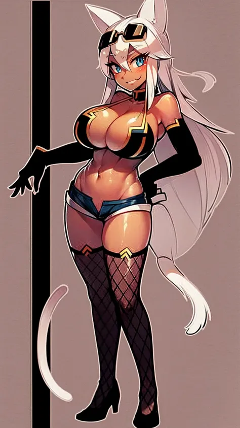 syamumerurusa, blue eyes, animal ears, cat ears, dark skin, dark-skinned female, sunglasses, eyewear on head, gloves, white hair, long hair, breasts, tail, shorts, thighhighs, elbow gloves, cleavage, cat tail, large breasts, navel, fishnets, bare shoulders...