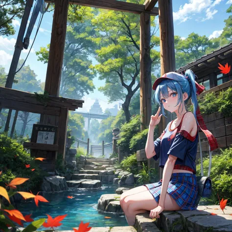 blue hair、Red-blonde、blue eyeraid、ponytail、one good looking girl、solo、anime、Plaid miniskirt、black t-shirt、camisole、forest、sitting、Wearing a plaid baseball cap、Tilting your face、Doing the ribbon、sunset sky、stone bridge、stone stairs、petal、A small bird  flyin...