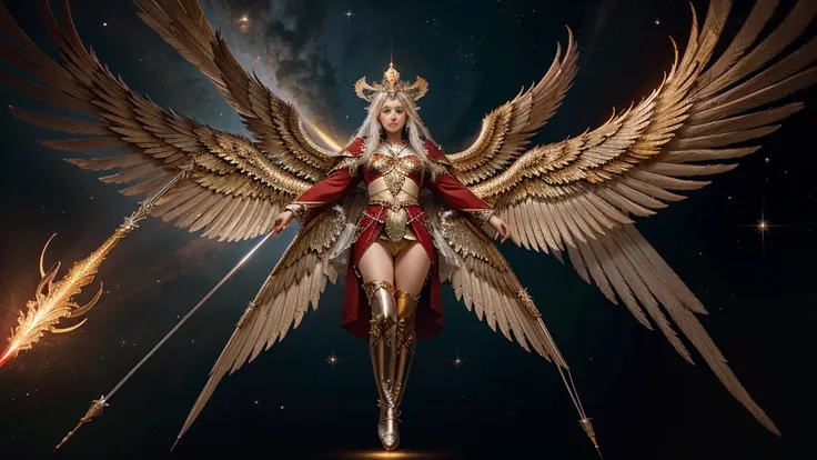 Develop a high-resolution, celestial-illuminated visual representation of a majestic seraphim, with six pairs of wings on his back, wearing red robes adorned with silver and gold accents. The seraphim holds a flaming-tipped spear while radiating a divine l...