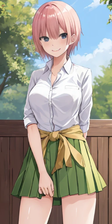 2D, masterpiece, highest quality, anime, very detailed, 1 girl, alone, cowboy shot, Nakano ichika, pink hair, short hair, Cardigan around the waist, collared shirt, green skirt, mini skirt, medium breasts, Are standing, School, outdoor, smile，sex slave，cov...