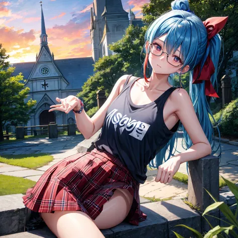 blue hair、Red-blonde、blue eyeraid、ponytail、one good looking girl、solo、anime、Plaid miniskirt、black t-shirt、camisole、forest、sitting、Wearing a plaid baseball cap、Tilting your face、Doing the ribbon、sunset sky、stone bridge、stone stairs、petal、A small bird  flyin...