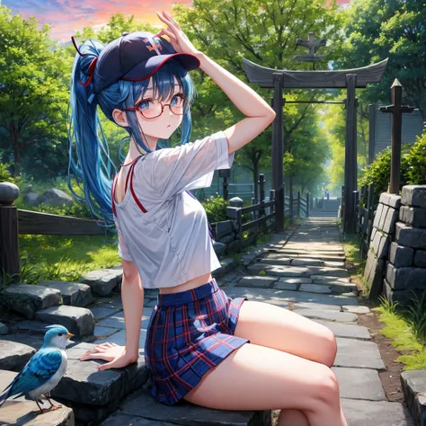 blue hair、Red-blonde、blue eyeraid、ponytail、one good looking girl、solo、anime、Plaid miniskirt、black t-shirt、camisole、forest、sitting、Wearing a plaid baseball cap、Tilting your face、Doing the ribbon、sunset sky、stone bridge、stone stairs、petal、A small bird  flyin...