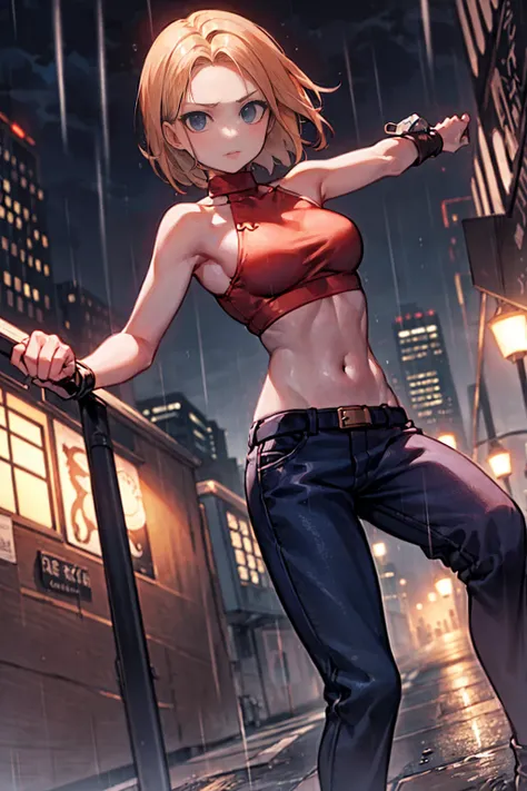 maryms,Best Quality,(beauty),masterpiece,  1girl,phisically-based render ,ultra highres,narrow waist, skinny,big eyes,long legs,(small breasts),puffy eyes, night,(rainy city), shiny skin, facing viewer, fighting stance, (make a fist),firm expression,