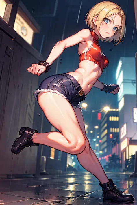 maryms,Best Quality,(beauty),masterpiece,  1girl,phisically-based render ,ultra highres,narrow waist, skinny,big eyes,long legs,(small breasts),puffy eyes, night,(rainy city), shiny skin, facing viewer, fighting stance, (make a fist),firm expression,