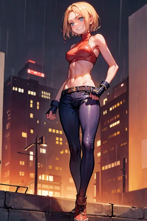 maryms,Best Quality,(beauty),masterpiece,  1girl,phisically-based render ,ultra highres,narrow waist, skinny,big eyes,long legs,(small breasts),puffy eyes, night,(rainy city), shiny skin, facing viewer, fighting stance, (make a fist),firm expression,