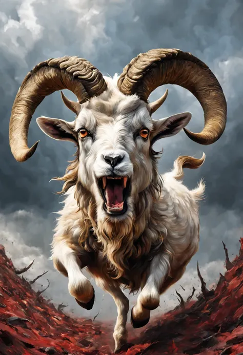 Extreme close-up of hyper-realism of the Deep look of an angry goat charging head first, chifres em espiral, olhos injetados flamejando , incorporating raw violence, territorialidade selvagem, and fierce alpha dominance. Stranded on the edge of a windy pre...