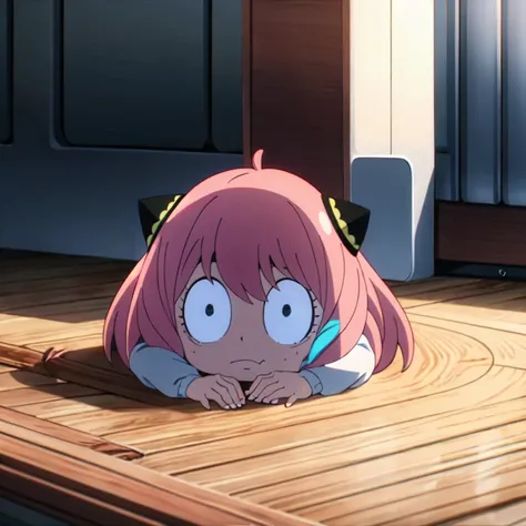 anyaforgersf,1 female_child,pink hair,corn hair bun hair,alone,one piece,loafers,strange face