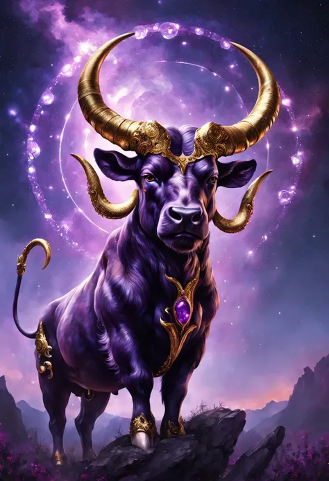 Hyper-realistic digital artwork in ultra high definition 8k of a majestic illustration of the zodiac sign Taurus as a powerful minotaur. Its spiraling horns are studded with sparkling amethysts.