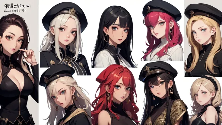 ((Masterpiece)),(((best quality))),(character design sheet, Same character...., front, side), beautiful girl,The results of hair coloring are clear.、Qi Bang、shawl long hair、beret hat、eyeole, fluid under the nipple、put on makeup、Ring Earrings、Cinema-grade l...