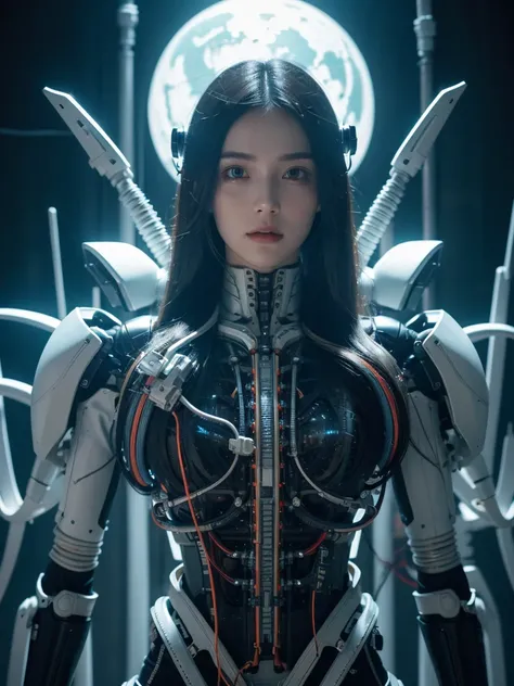 1 white mechanical girl, long hair, black hair, ((Extraordinarily realistic details)), Portrait, world class illumination, shadow, Octane rendering, 8ก, Ultra Sharp,white metal,complicated, detailed jewelry, cool colors, highly complicated details, realist...