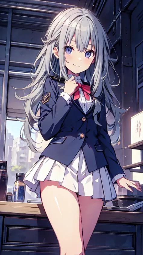 best quality, ultra detailed, absurdres, hdr, 1 loli、♡、thighs、surprised smile、uniform、in town、slender body、petite