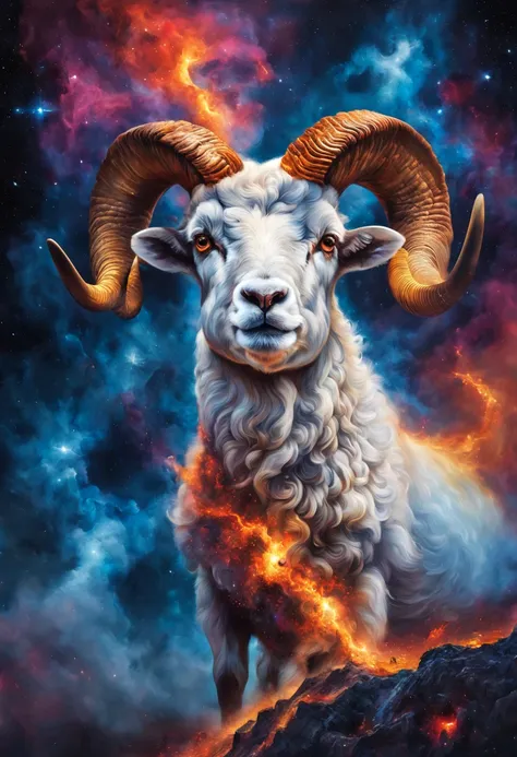 hyper-realistic portrait of a mystical ram with fiery horns dramatically emerging from a collision of galaxies. your eyes are ma...