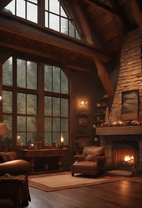 relaxing environment, brown rustic house, with furniture, large window, fireplace, raining, ultra realistic, 8k, full hd - air 9:16