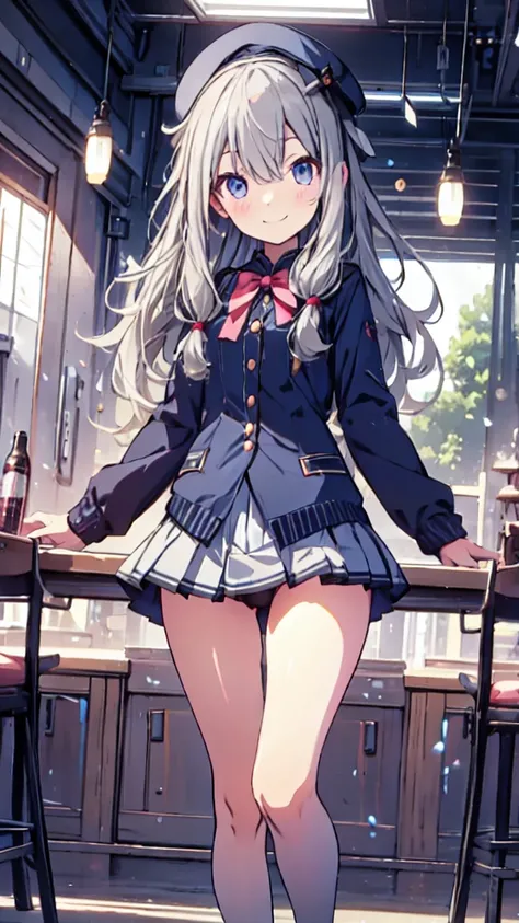 best quality, ultra detailed, absurdres, HDR, 1 loli、♡、Thighs、surprised smile、uniform、In town、slender body、petite