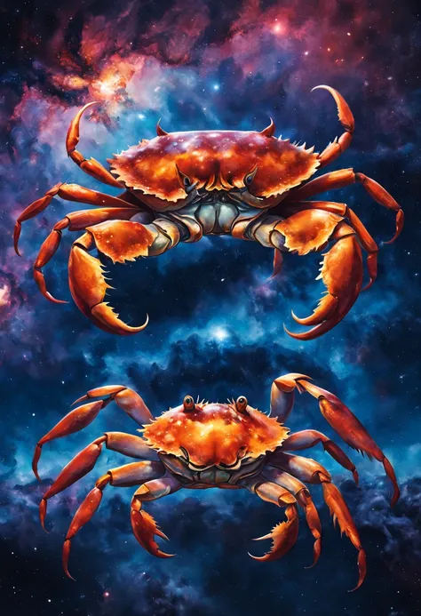 Hyper-realistic portrait of a powerful mystical giant crab dramatically emerging from a collision of galaxies. Your eyes are made of glowing nebulae. Below is an Icelandic volcanic landscape