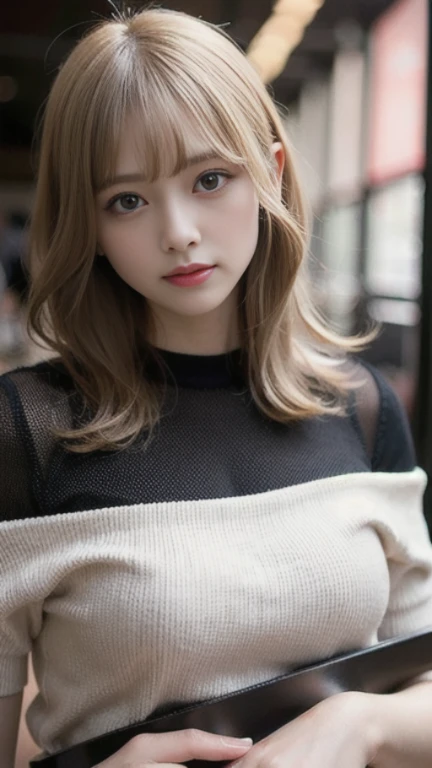 (8K, RAW photo:1.2),detailed face and eyes,最high quality, Super high resolution, very detailed ,intricate details ,nude,pretty girl , soft movie-like light, hyper detail, high quality,blonde, bob cut, knit, The mesh is large